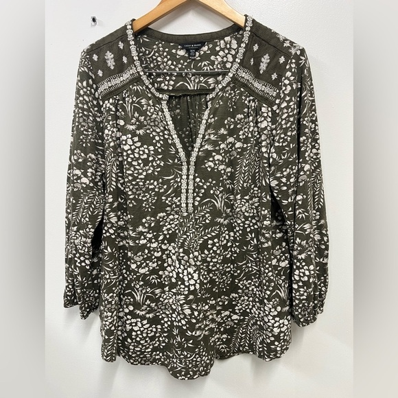 Lucky Brand Ivy Olive Green Silver Peasant Top Blouse Embroidered Women Plus 1X - Picture 1 of 11